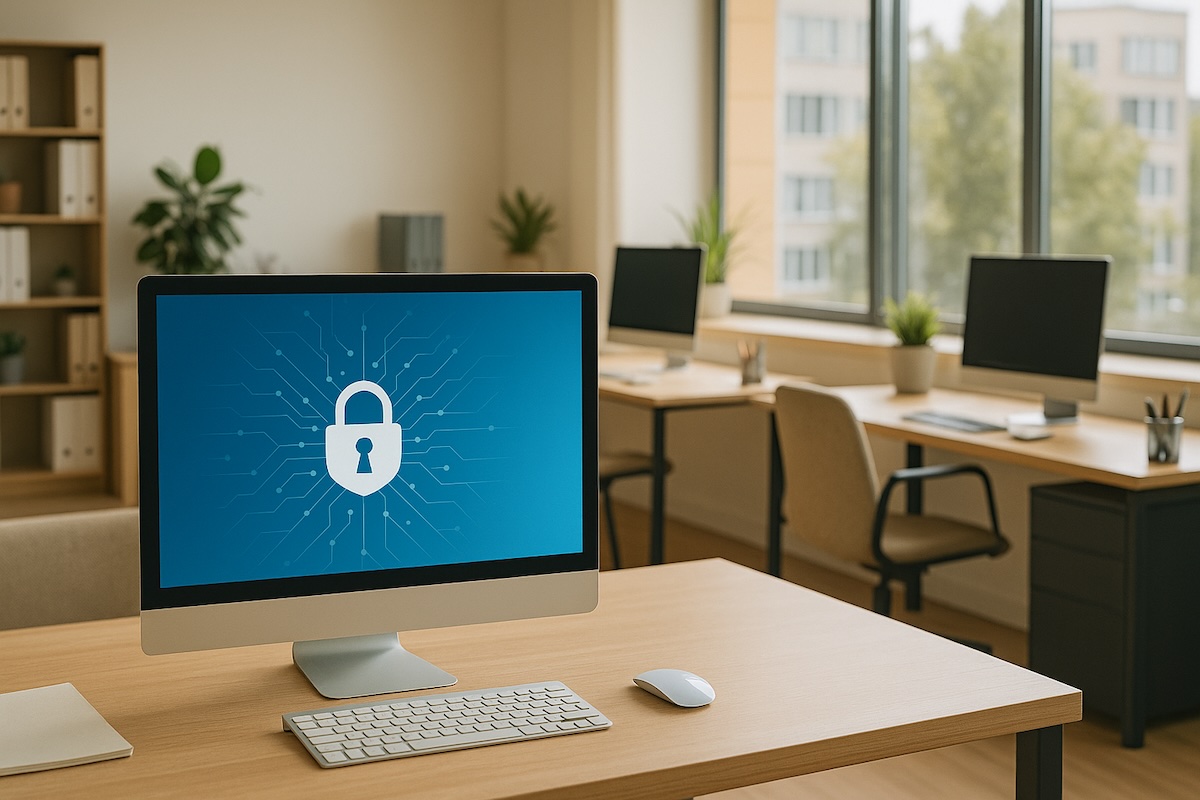 Cybersecurity professionals working in modern office